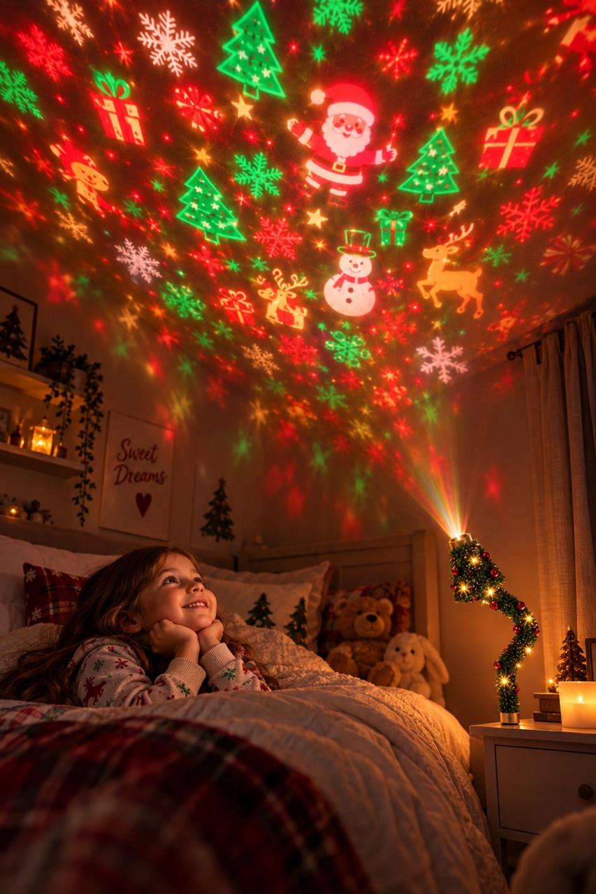 A bedroom with soft Christmas light