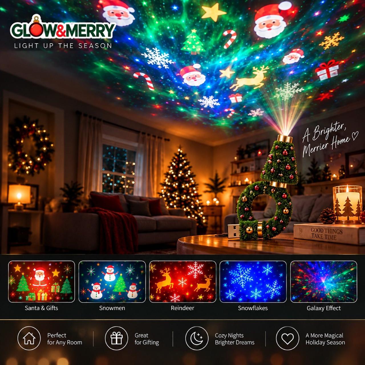 A living room washed in Christmas light